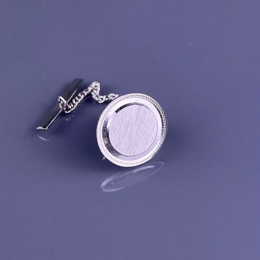 Simple Round Tie Tack Pin Silver Tone Florentine Brushed Finish Vintage